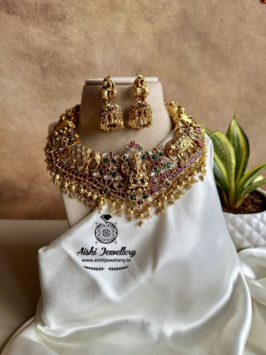 Grand Bridal Naga’s Silver Replica Necklace Set(Golden Beads)-N263