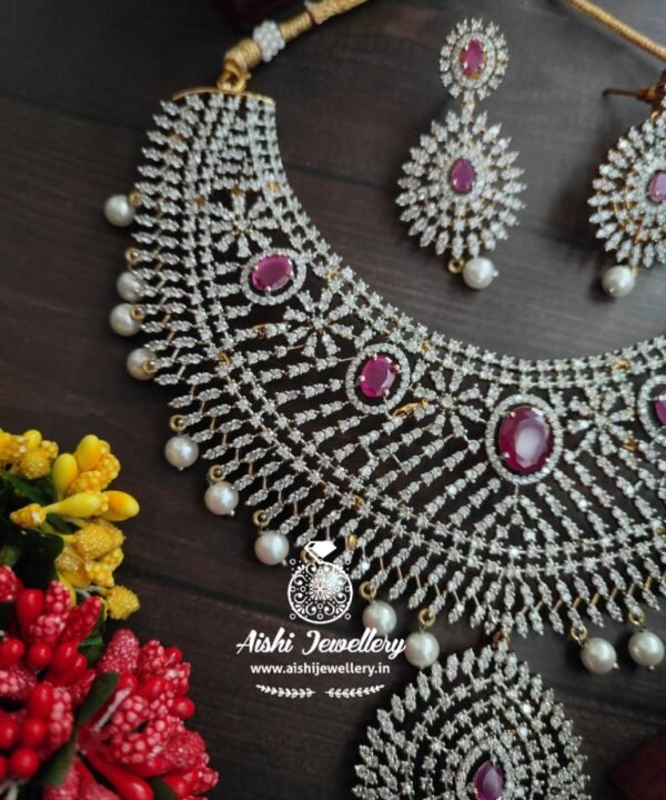 Grand Bridal Cz Necklace Set with Ruby-AN10