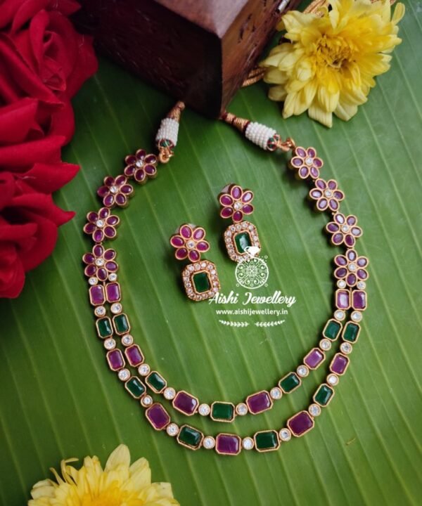 2 Layer Flower Necklace with Ruby & Emerald-N232