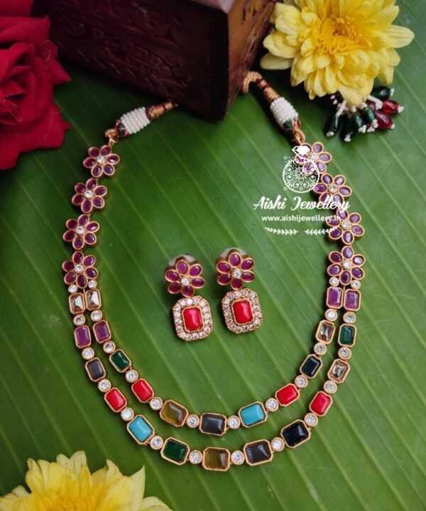 2 Layer Flower Necklace with Multi precious Stone- N233