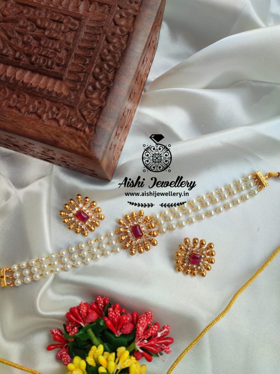 Sqaure Pearl Choker Red-FQ50