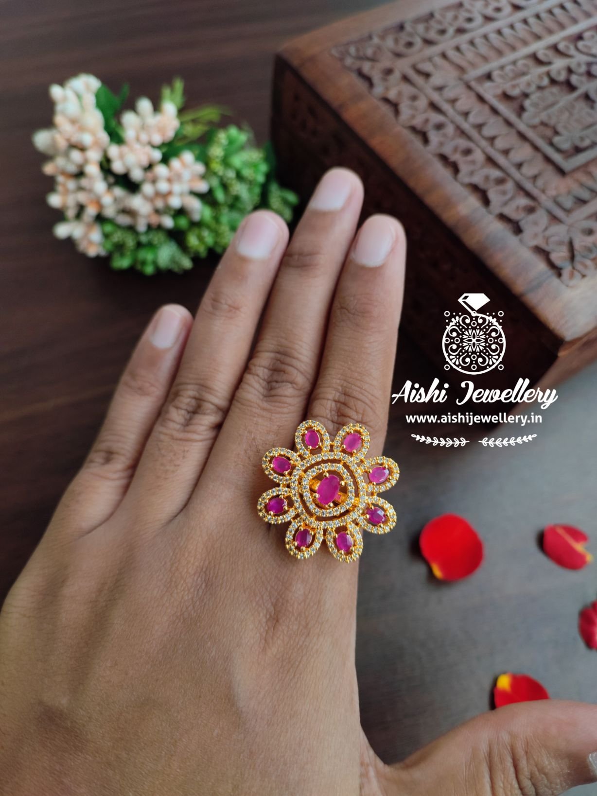 Floral Ad Finger Ring (Ruby)-FR22
