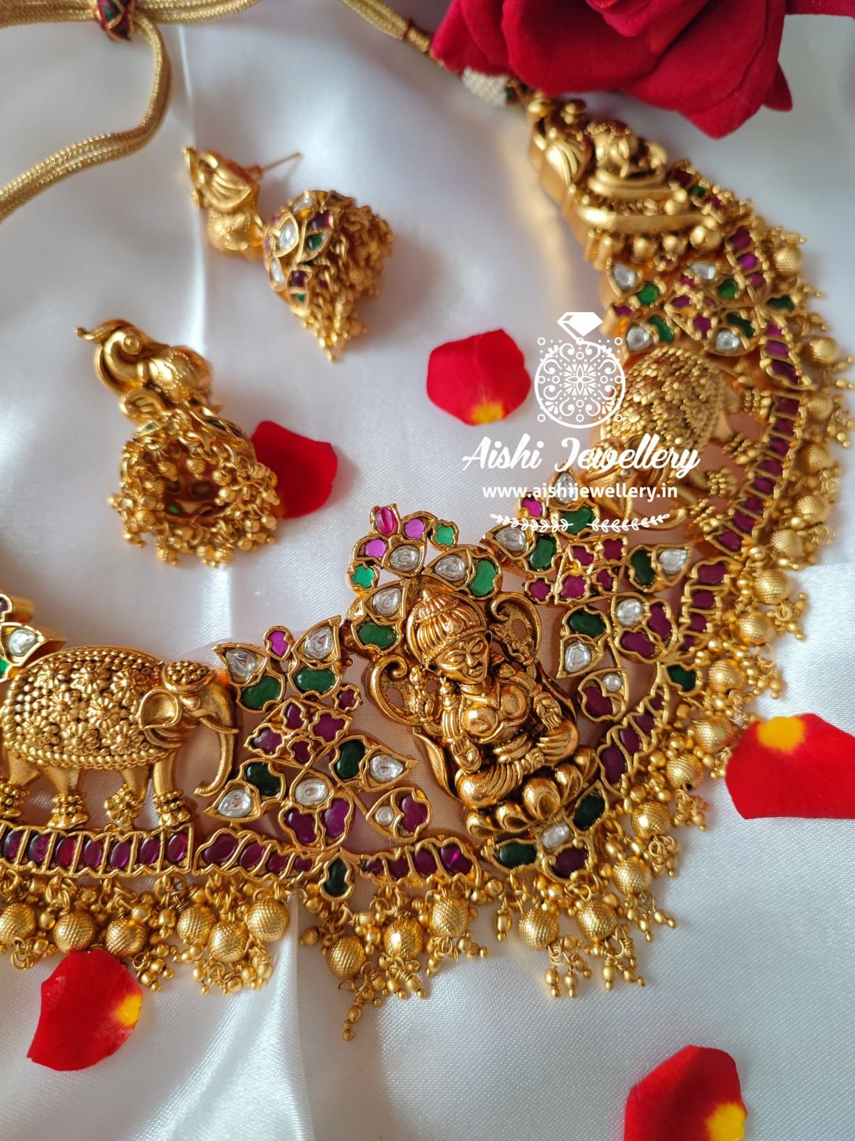 Grand Bridal Naga’s Silver Replica Necklace Set(Golden Beads)-N263