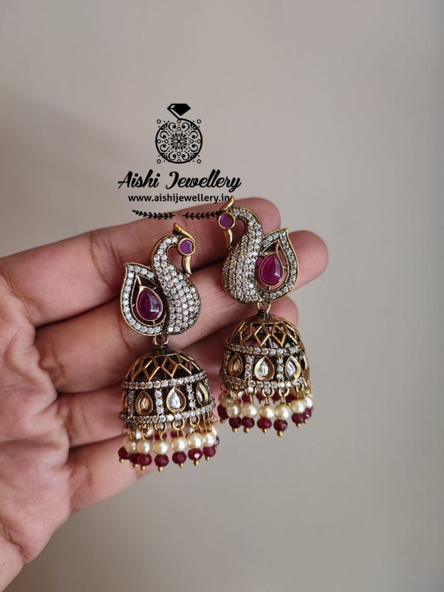 Victorian Peacock Jhumka(Red)-E251