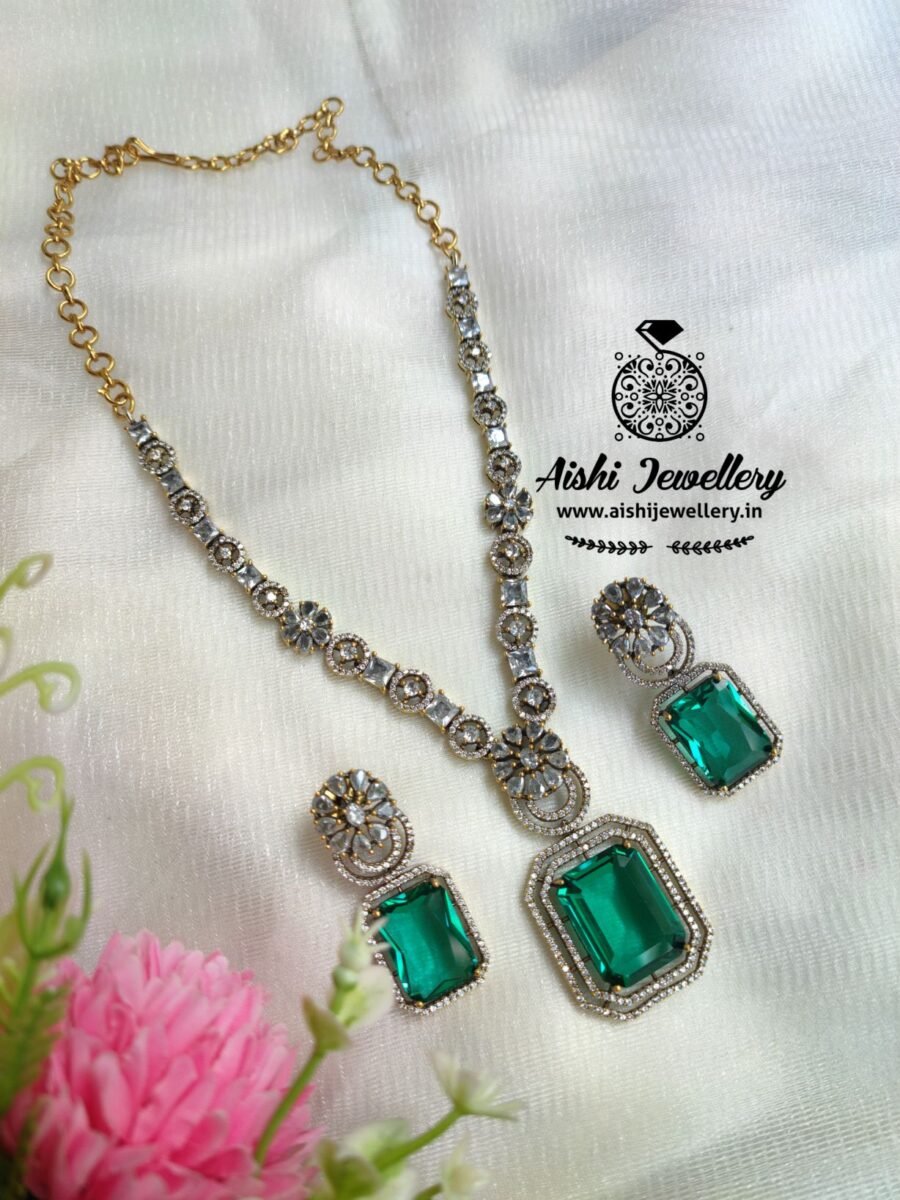 Victorian Diamond Wester Wear Neck Set(Bottle Green)-AN207