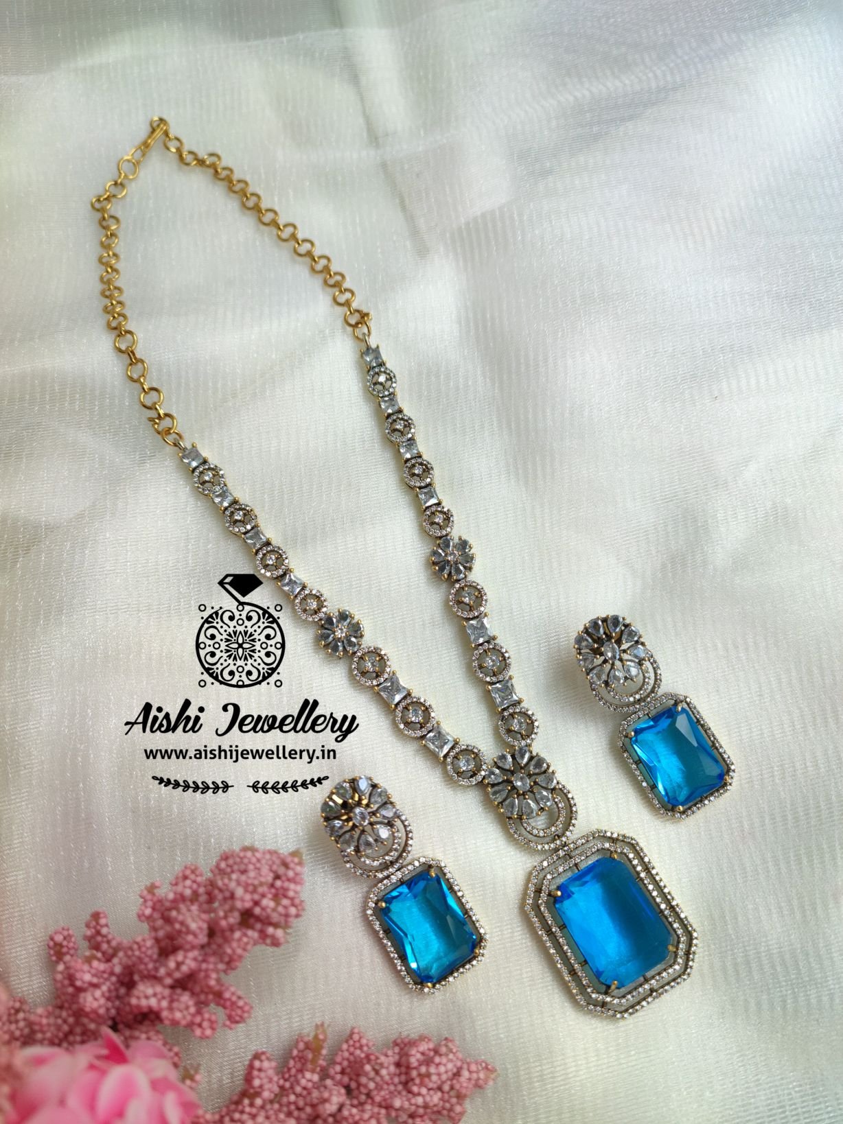 Victorian Diamond Wester Wear Neck Set(Aqua Blue)-AN208 - Aishi ...