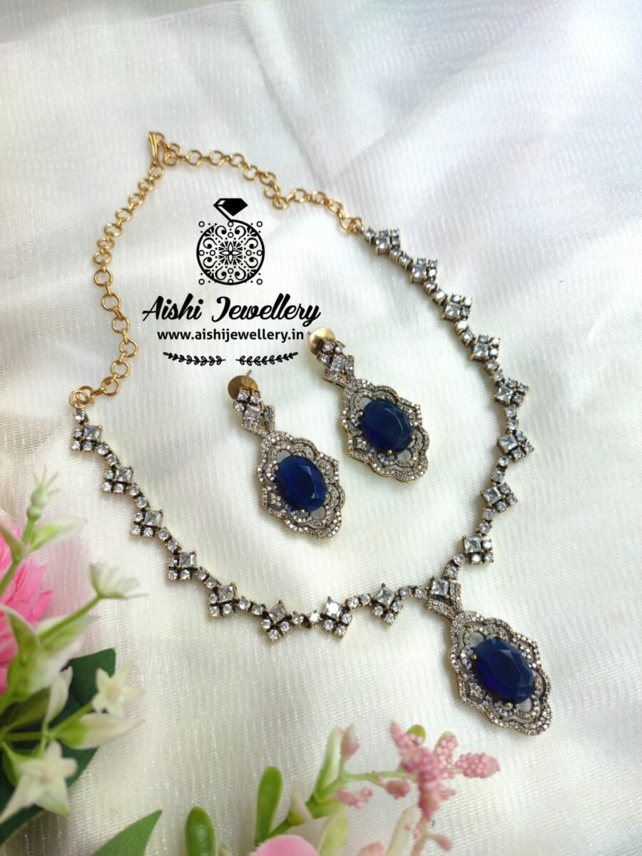 Victorian Diamond Simple Line Neck Set(Blue)-AN209