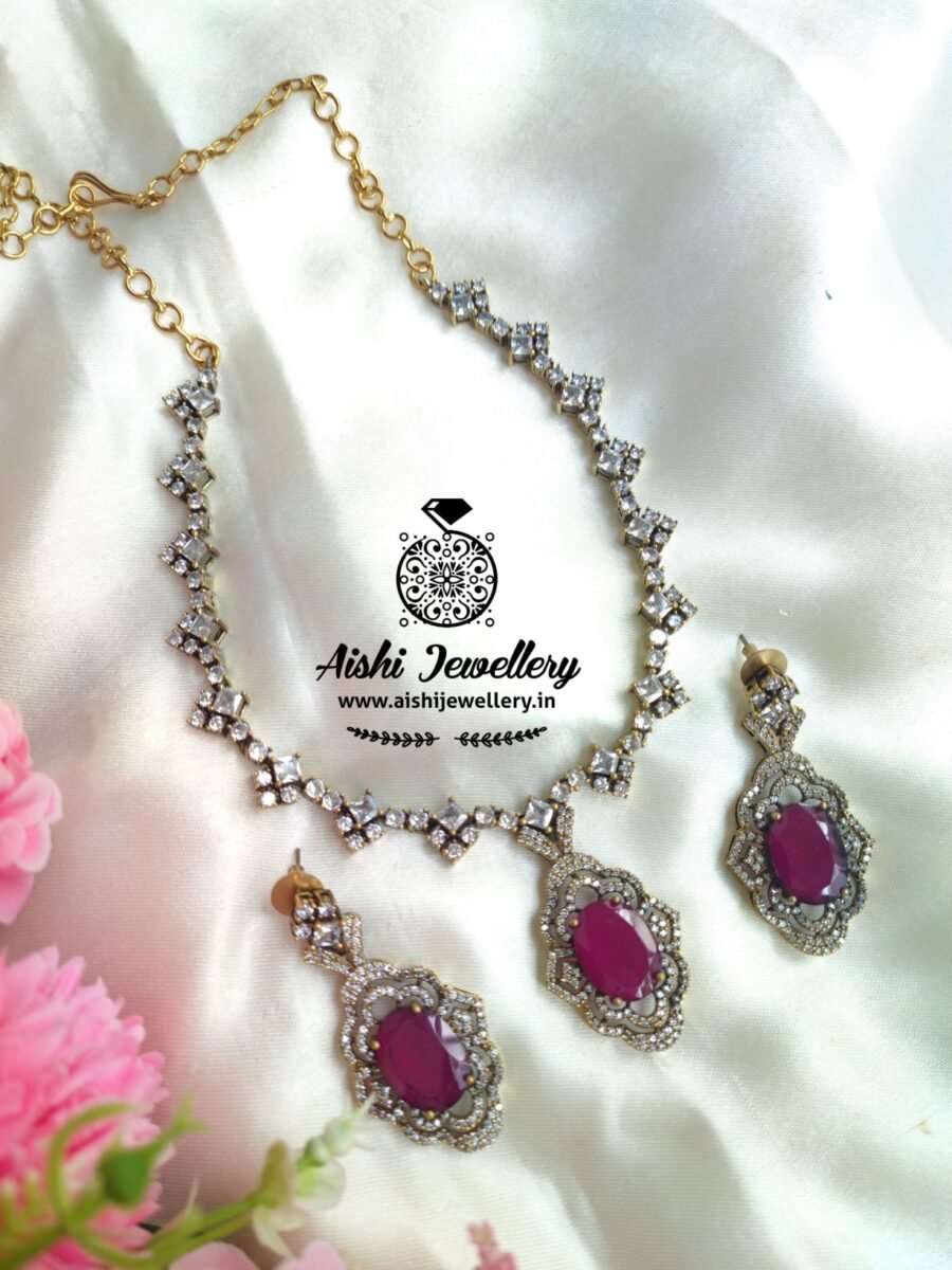 Victorian Diamond Simple Line Neck Set(Ruby)-AN211