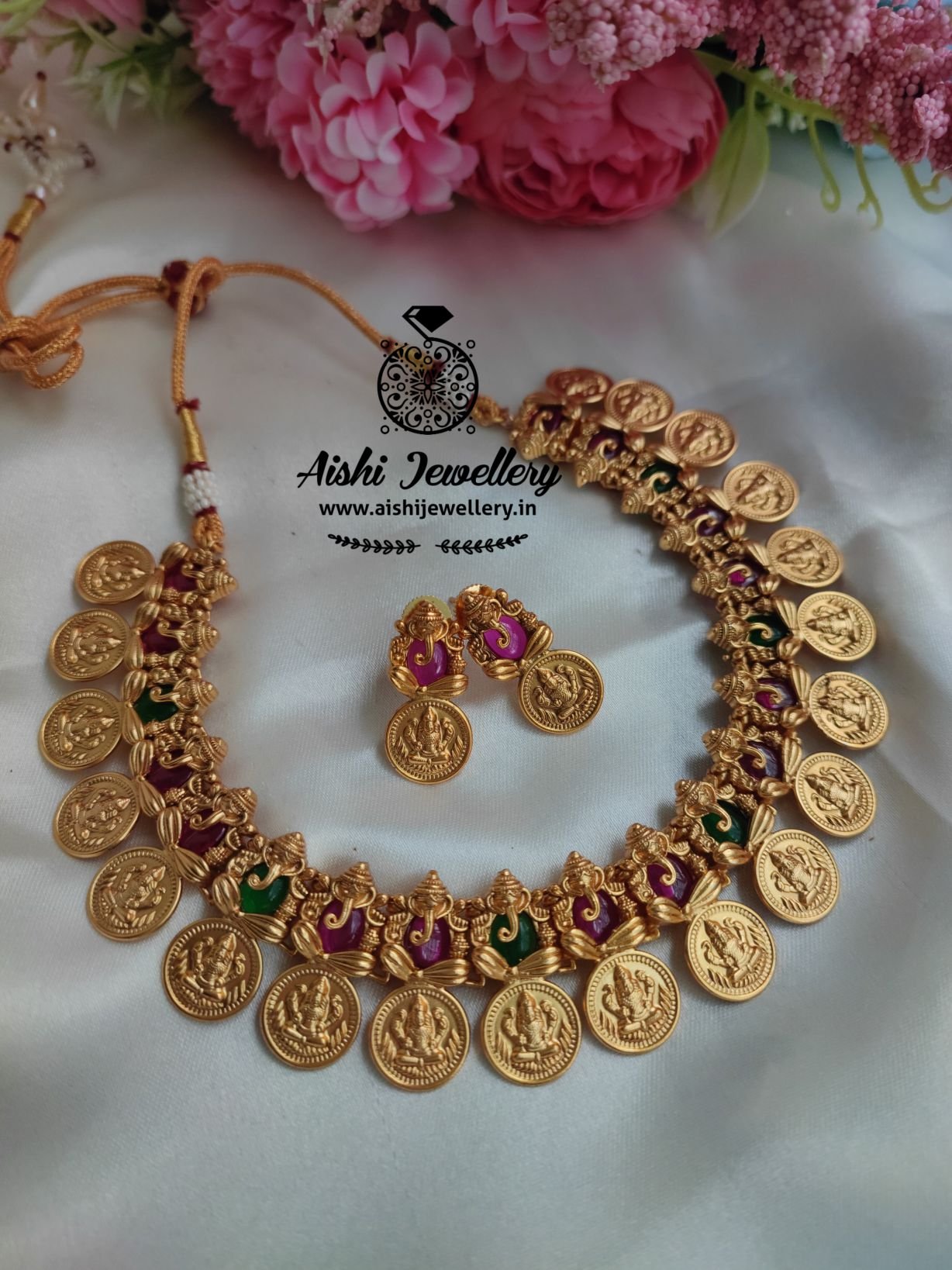 Gold Finish Coin Neck Set-Pink & Green-N169
