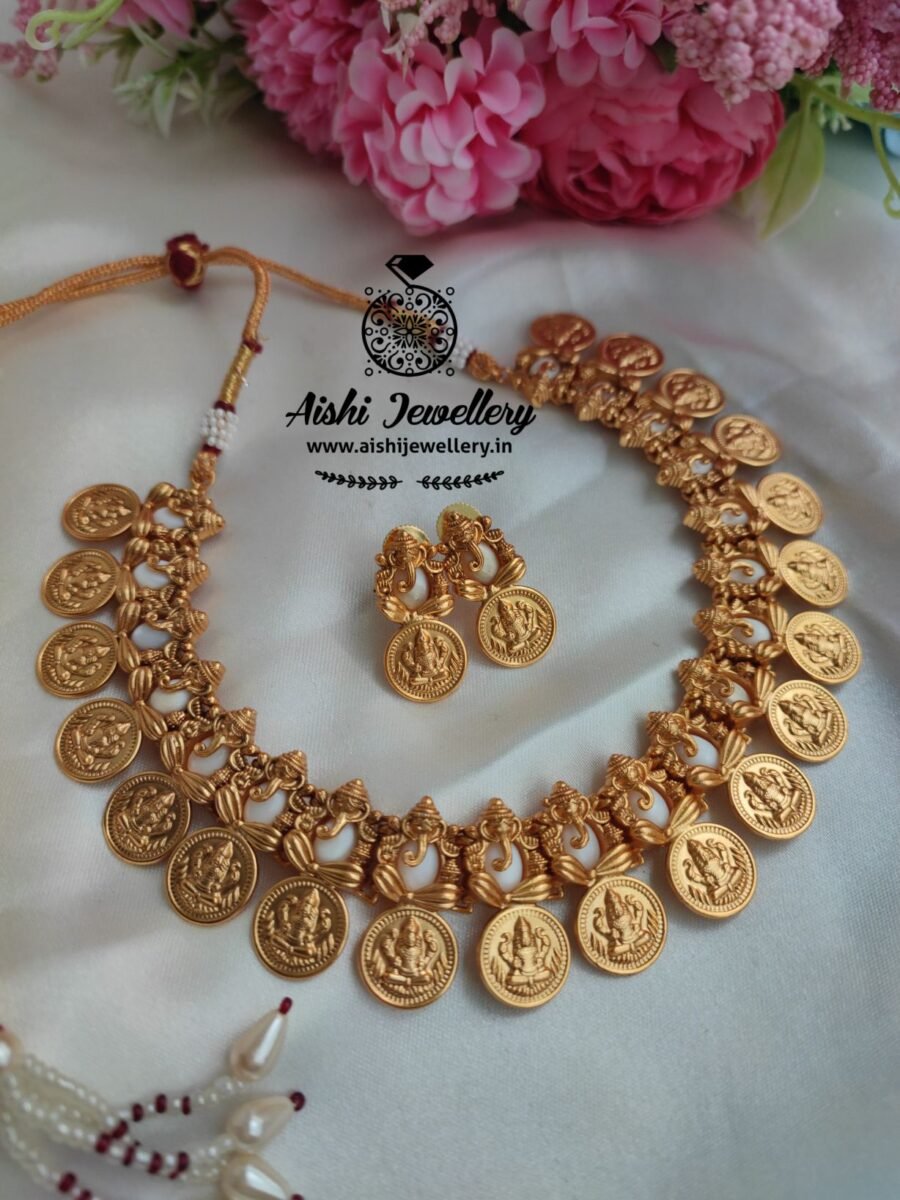 Gold Finish Coin Neck Set- Pearl Color-N166