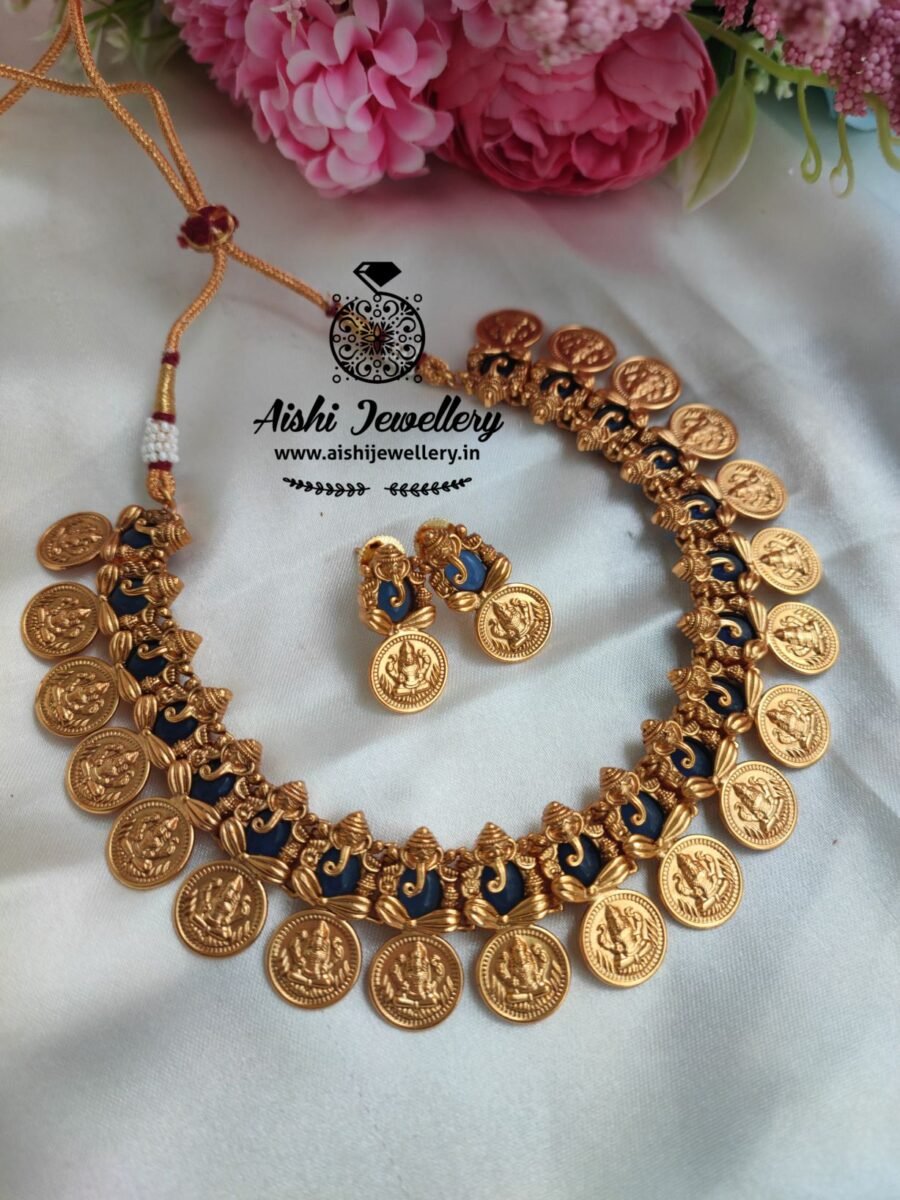 Gold Finish Coin Neck Set-Blue-N170