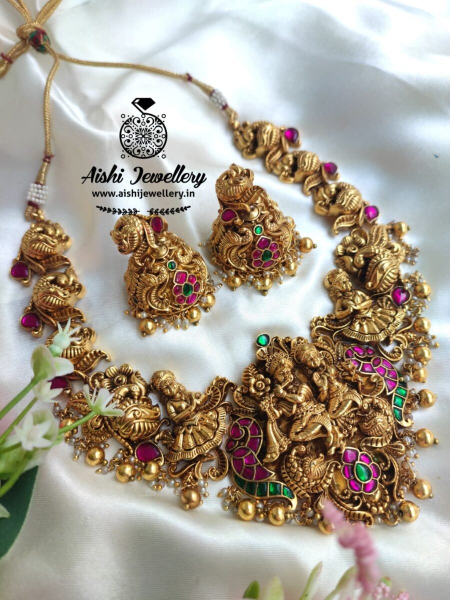 3D Radhakrishnan Antique with Jadu Stones Neck Set-N468