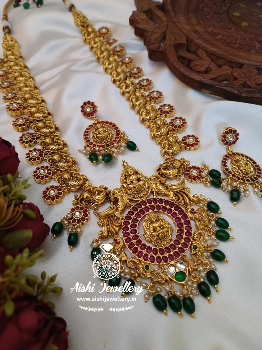 Lakshmi Matt long haram Set with kemp stones-LH190