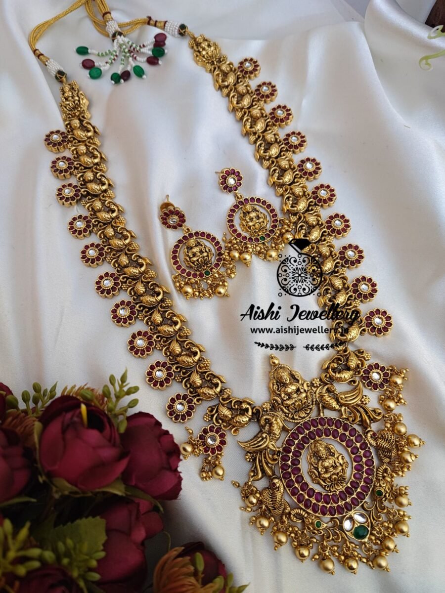 Lakshmi Matt long haram Set with kemp stones-LH194