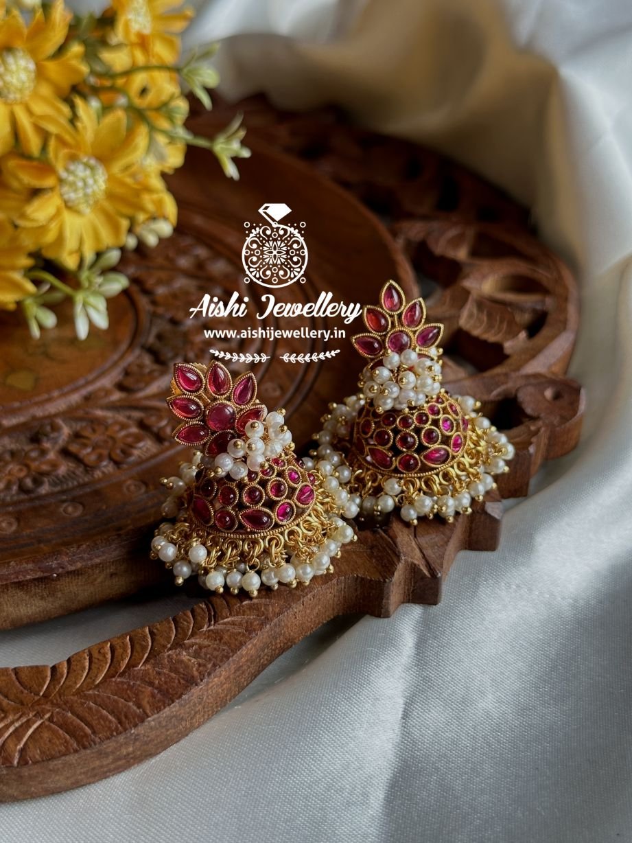 Floral  Jhumka with White Pearls ( Ruby) – FQ131