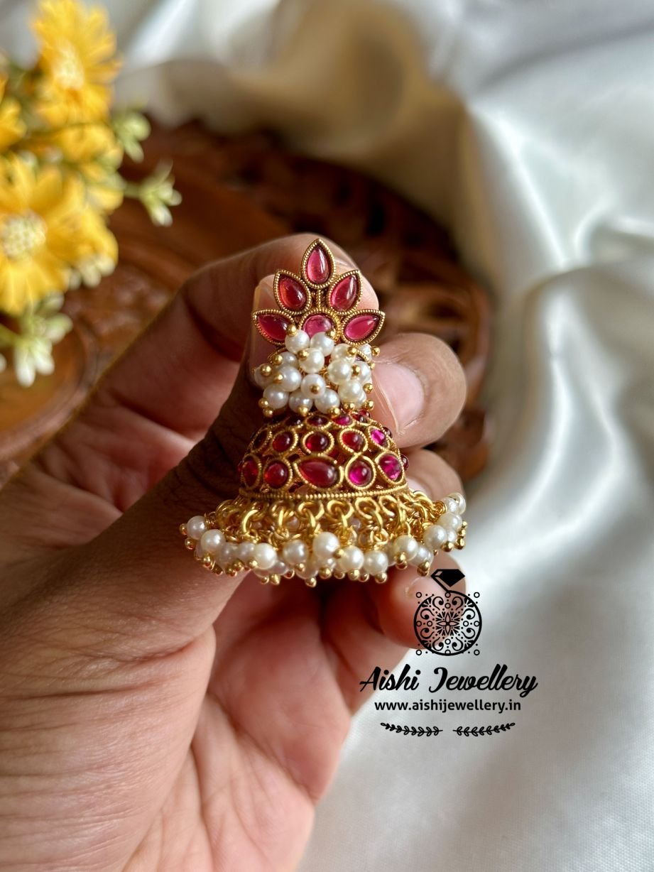 Floral  Jhumka with White Pearls ( Ruby) – FQ131