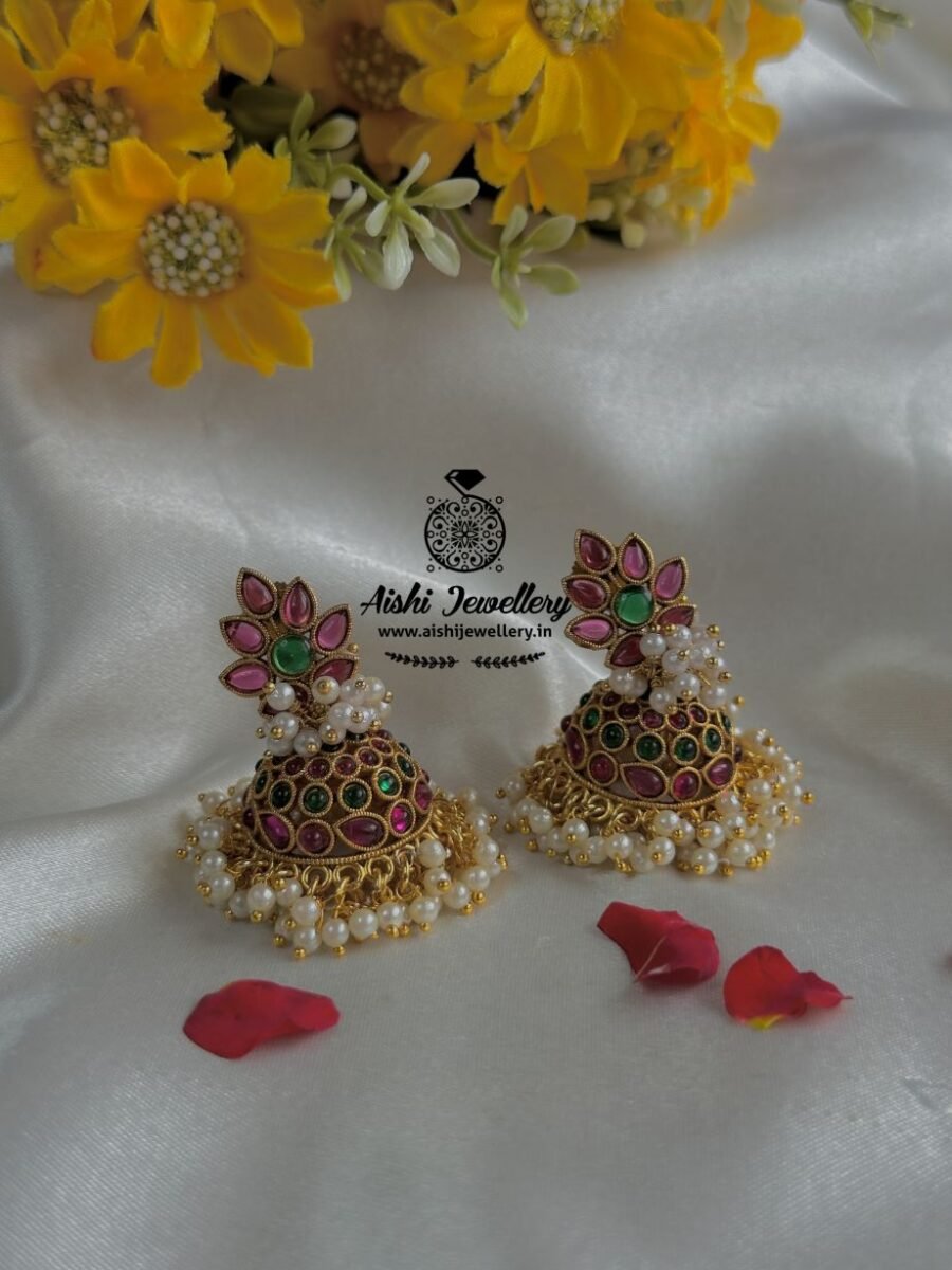 Floral  Jhumka with White Pearls ( Multi) – FQ132