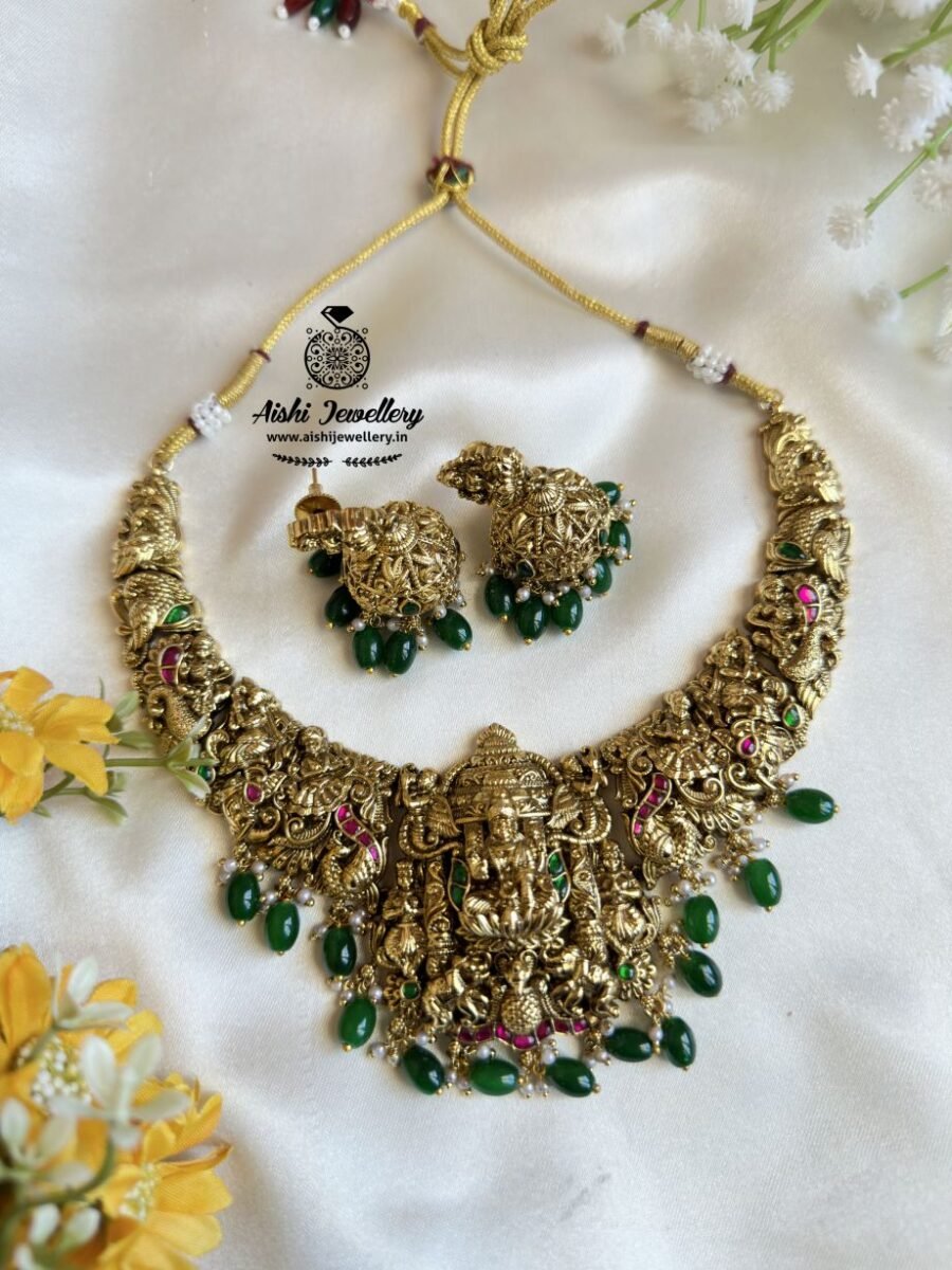 Royale Lakshmi Neckpiece with Green Beads – N659