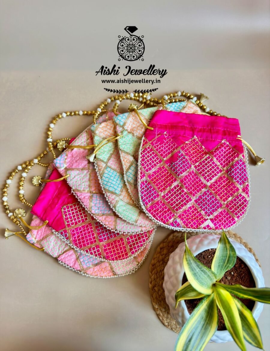 Embroidered  Design 9*8.5 inch Potli bags with pearls and gold beads – Single Pc.)  – PB11