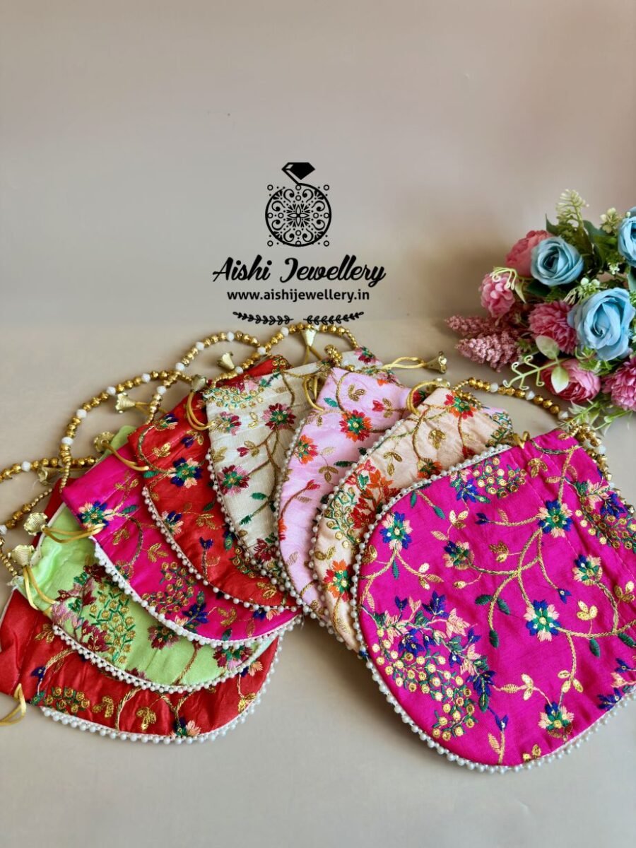 Embroidered  Design 9*8.5 inch Potli bags with pearls and gold beads – Single Pc.)  – PB13