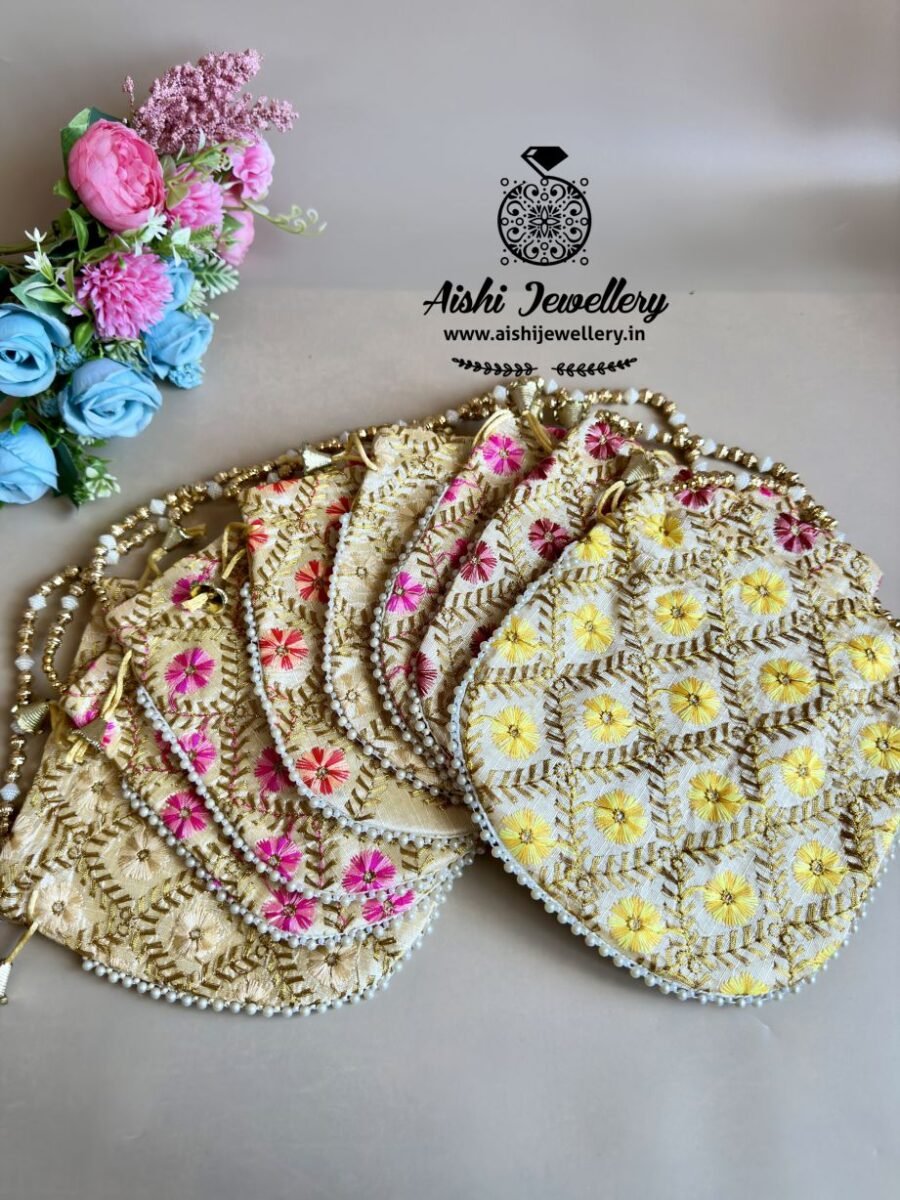 Embroidered  Design 9*8.5 inch Potli bags with pearls and gold beads – Single Pc.)  – PB14