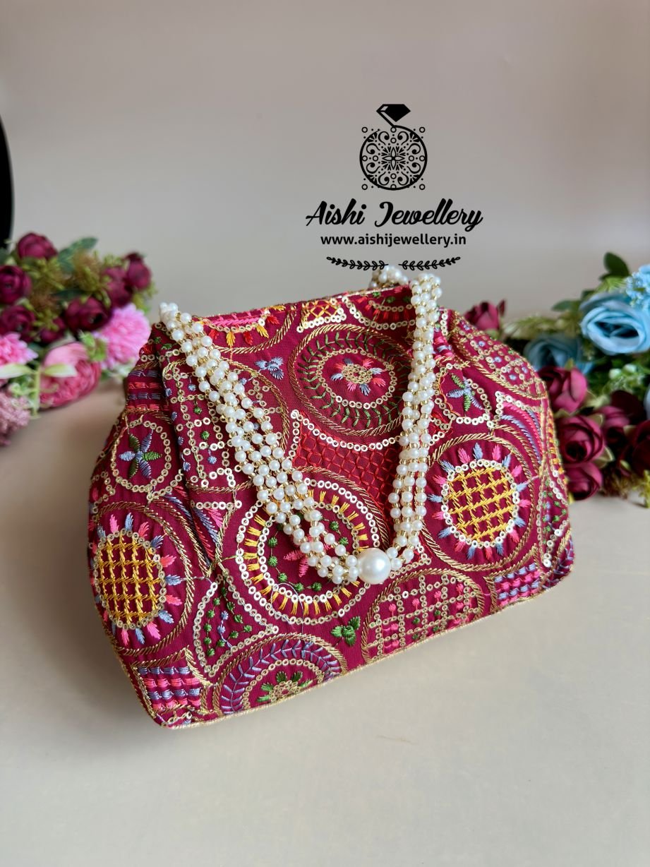 Embroidered  Design 6.5*8 inch Potli bags with pearls and gold beads -1 Pc.)  –  PB20