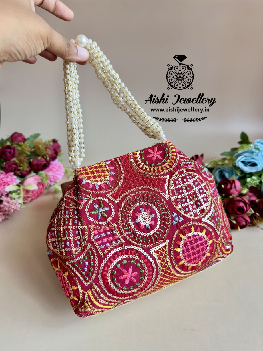 Embroidered  Design 6.5*8 inch Potli bags with pearls and gold beads -1 Pc.)  –  PB20