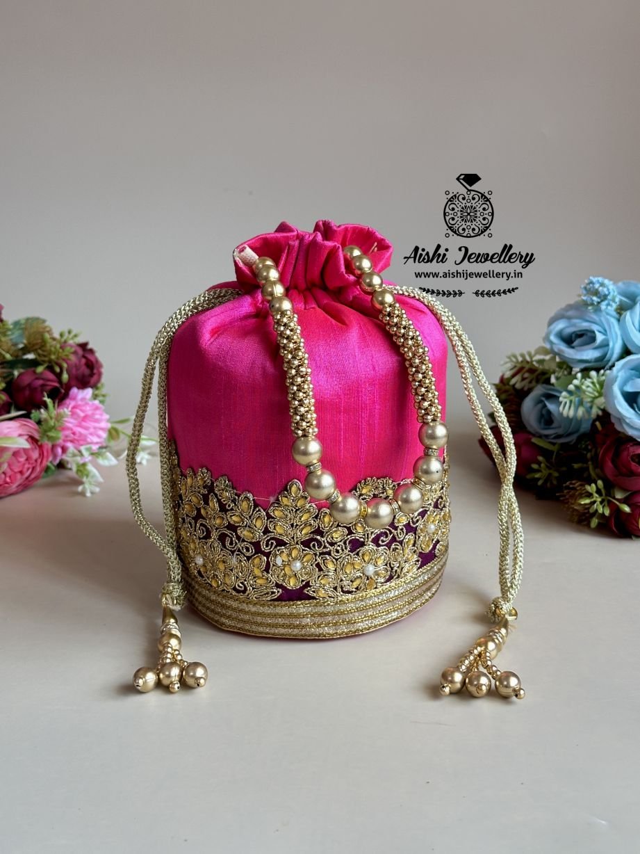 Embroidered  Design 7.5*5 inch Potli bags with pearls and gold beads -1 Pc.)  – PB21