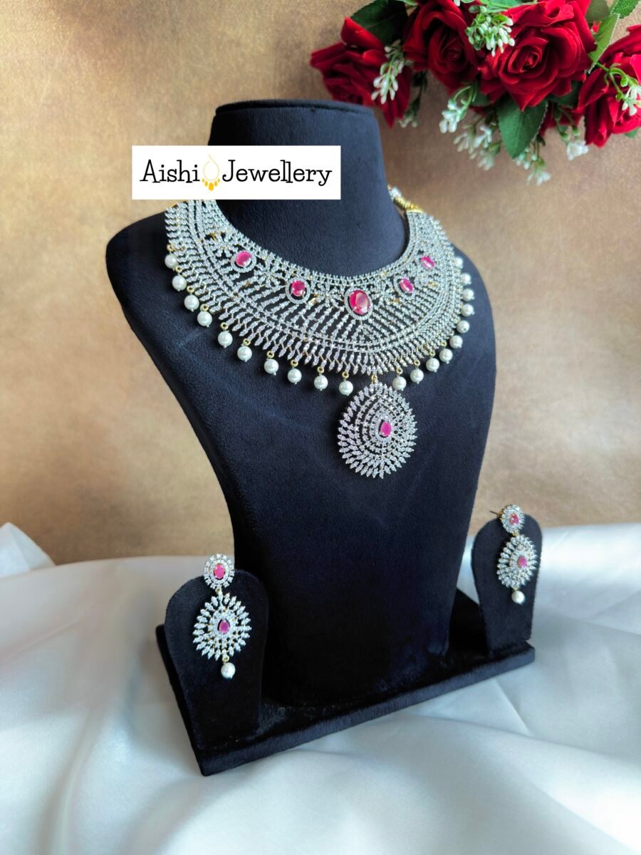 Grand Bridal Cz Necklace Set with Ruby-AN10