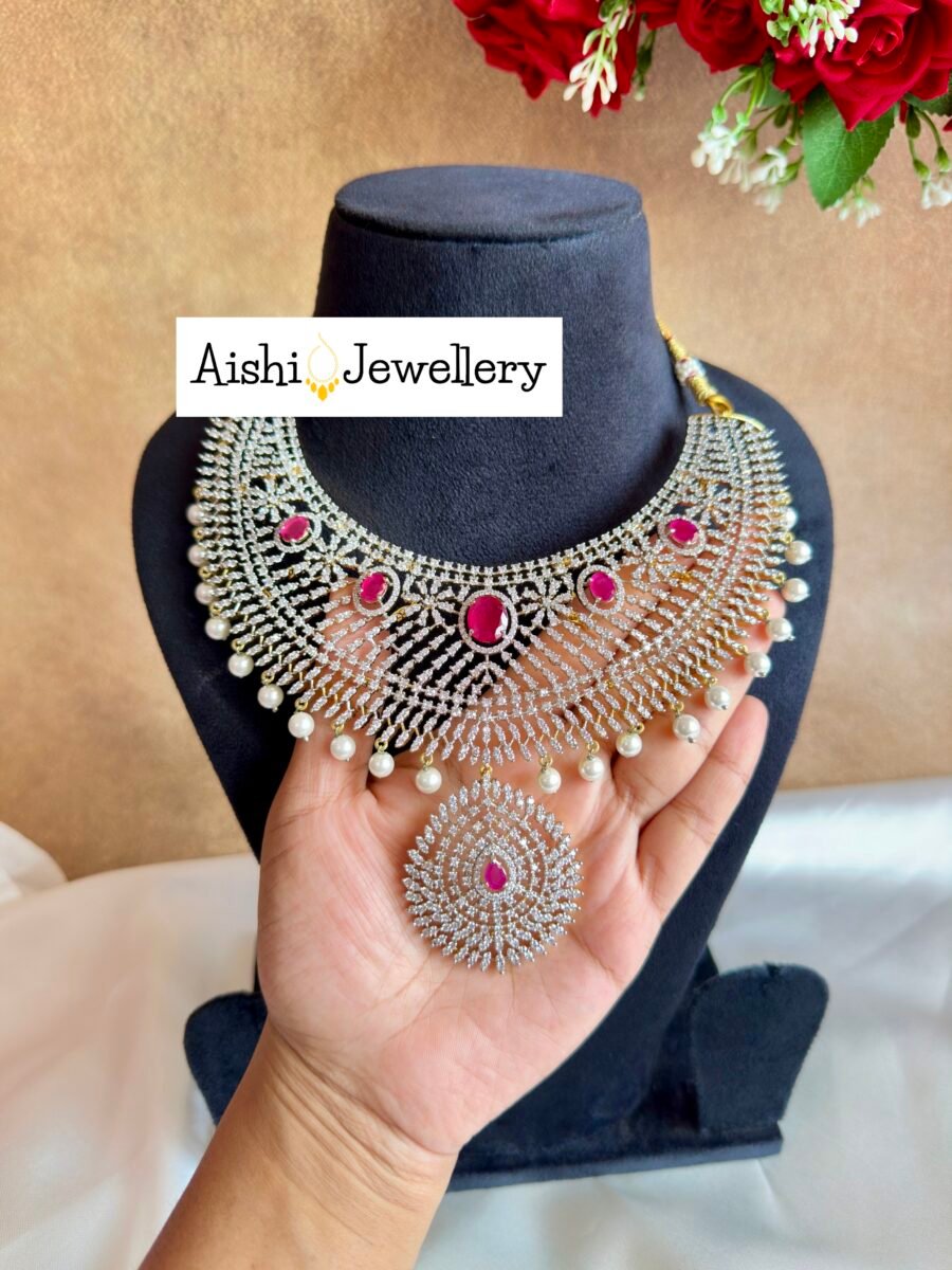 Grand Bridal Cz Necklace Set with Ruby-AN10 - Image 3