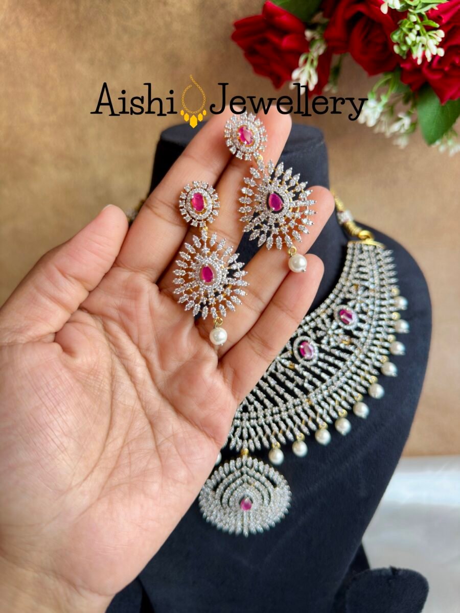Grand Bridal Cz Necklace Set with Ruby-AN10 - Image 4