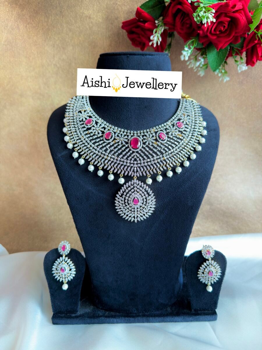 Grand Bridal Cz Necklace Set with Ruby-AN10