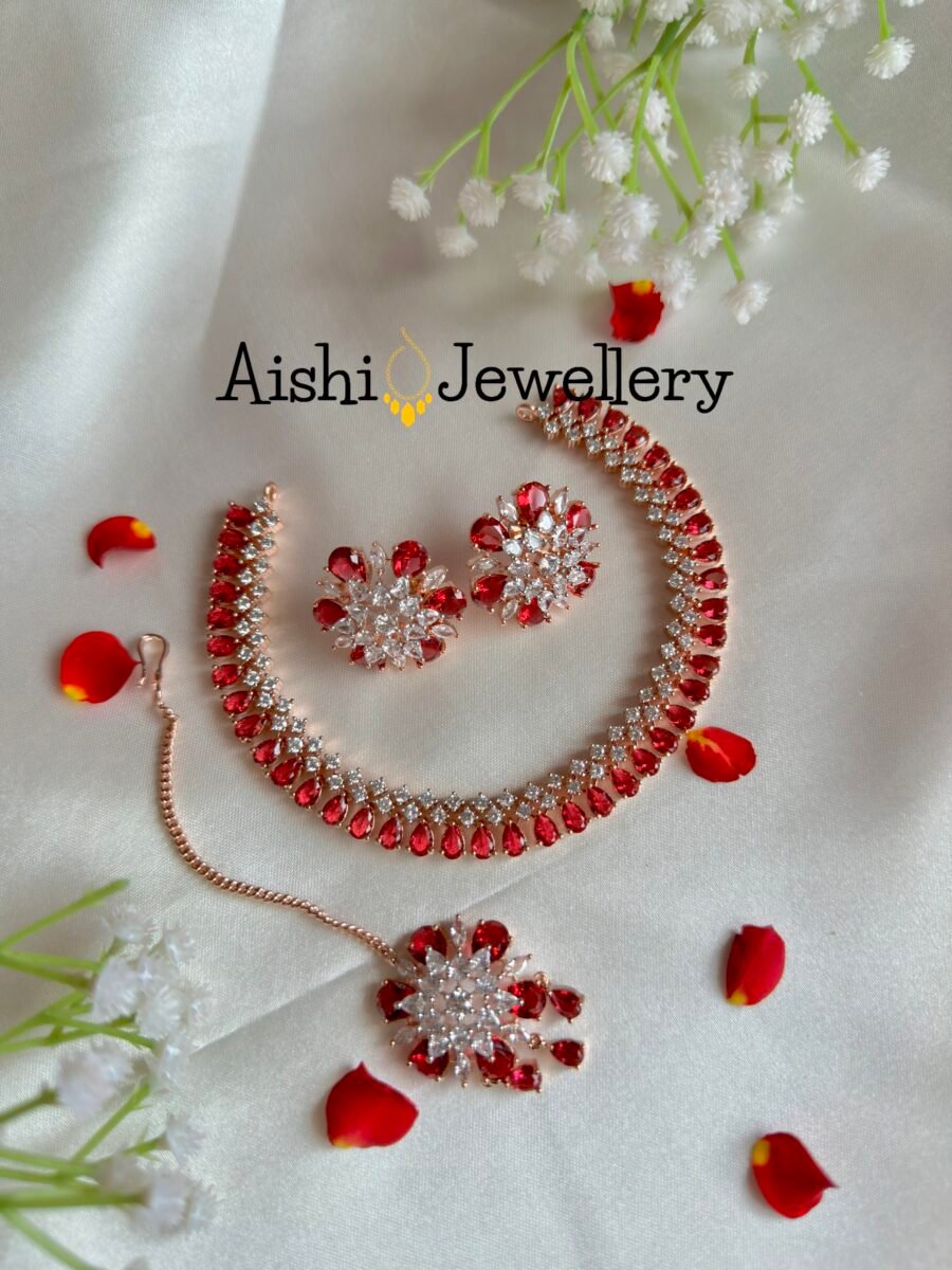 Rose Gold Ad Neck Set with Tikka (Red Color)-N195