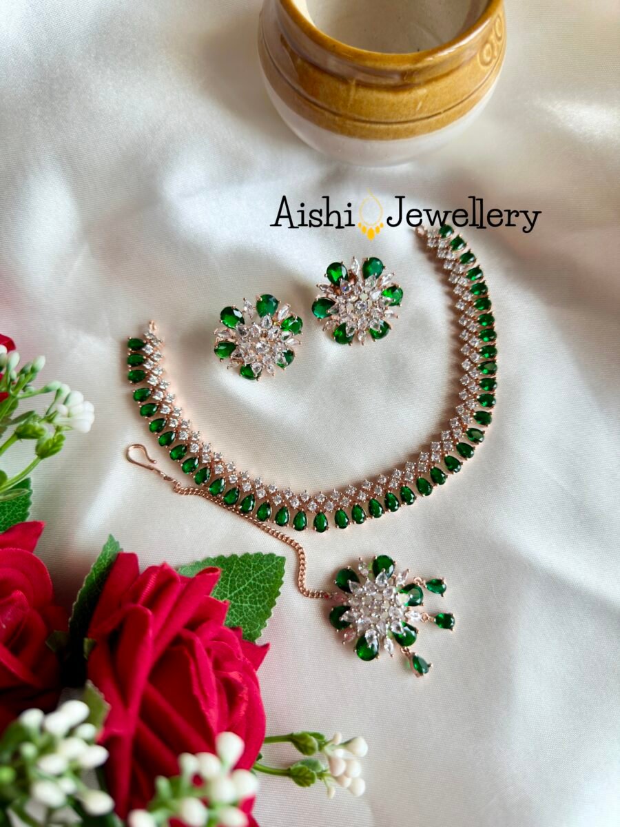 Rose Gold Ad Neck Set with Tikka (Green Color)-N196