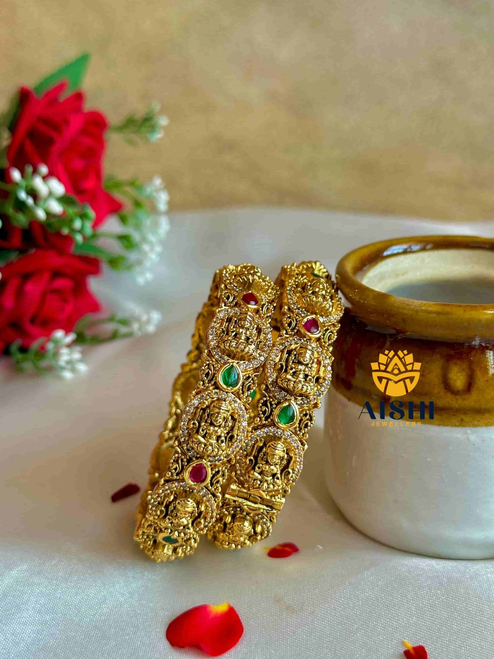 Gold Replica Nakshi Bangle (Pair)-B187 - Image 2