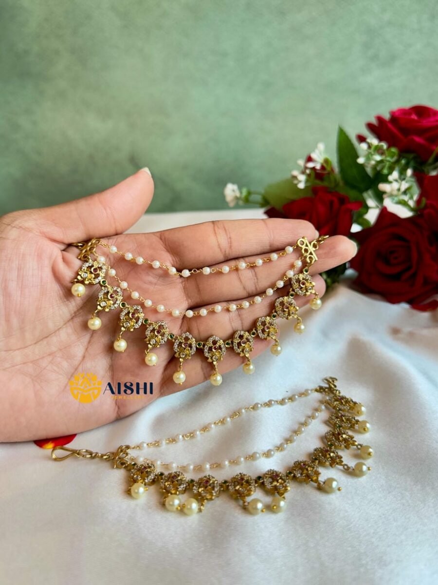 White bead Earchain with Stone Design-EC127