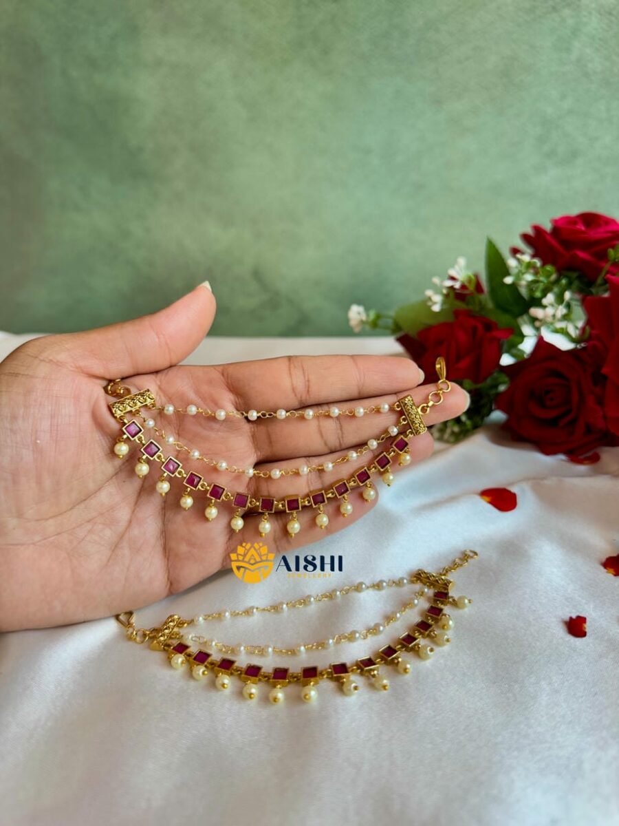 White bead Earchain with Ruby Stone Design-EC133