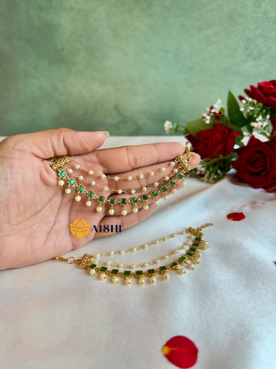 White bead Earchain with Green Stone Design-EC134