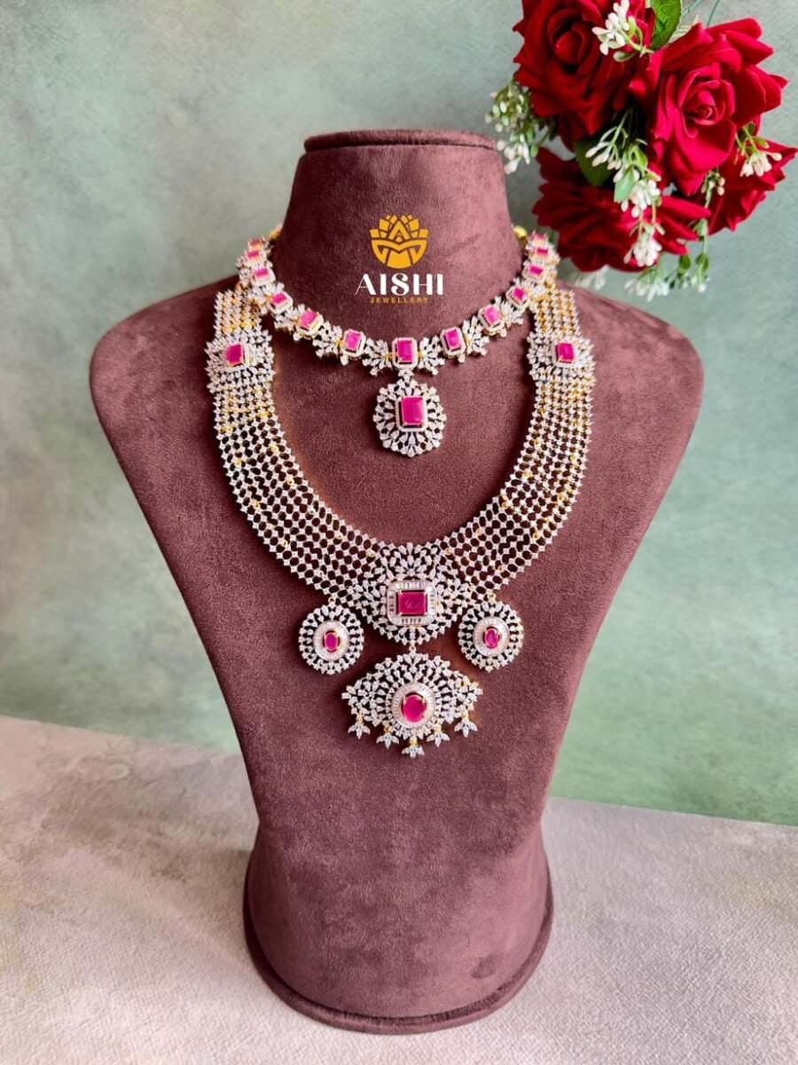 Floral American Diamond Ruby Jewellery Set-BS068