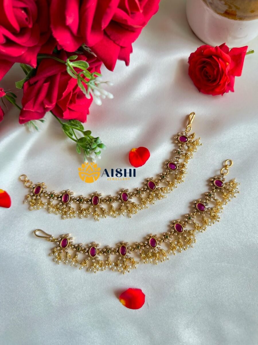 Antique Floral White pearl Earchain(Ruby)-EC139