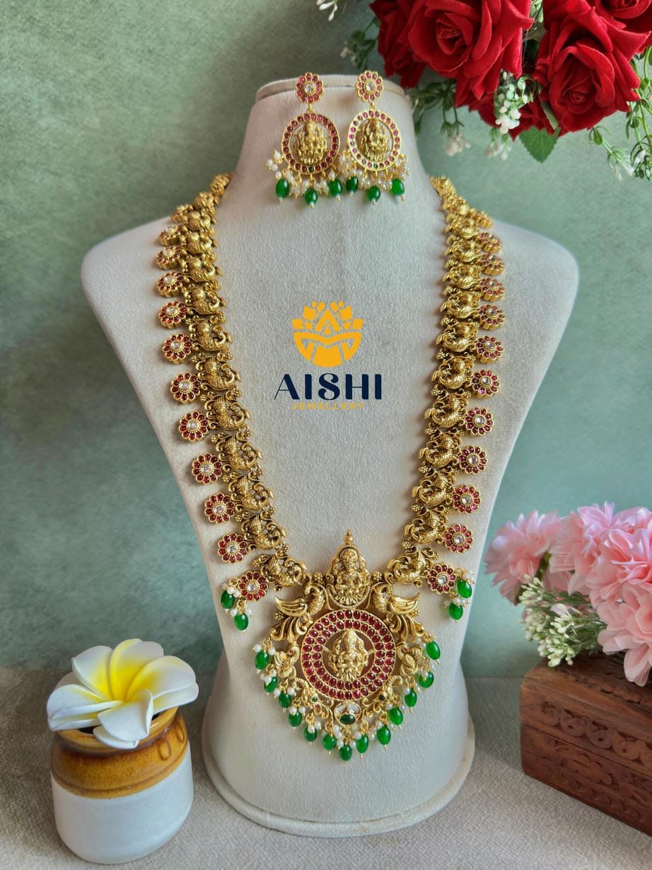 Antique Nakshi Peacock Floral Haram(Green)-LH427