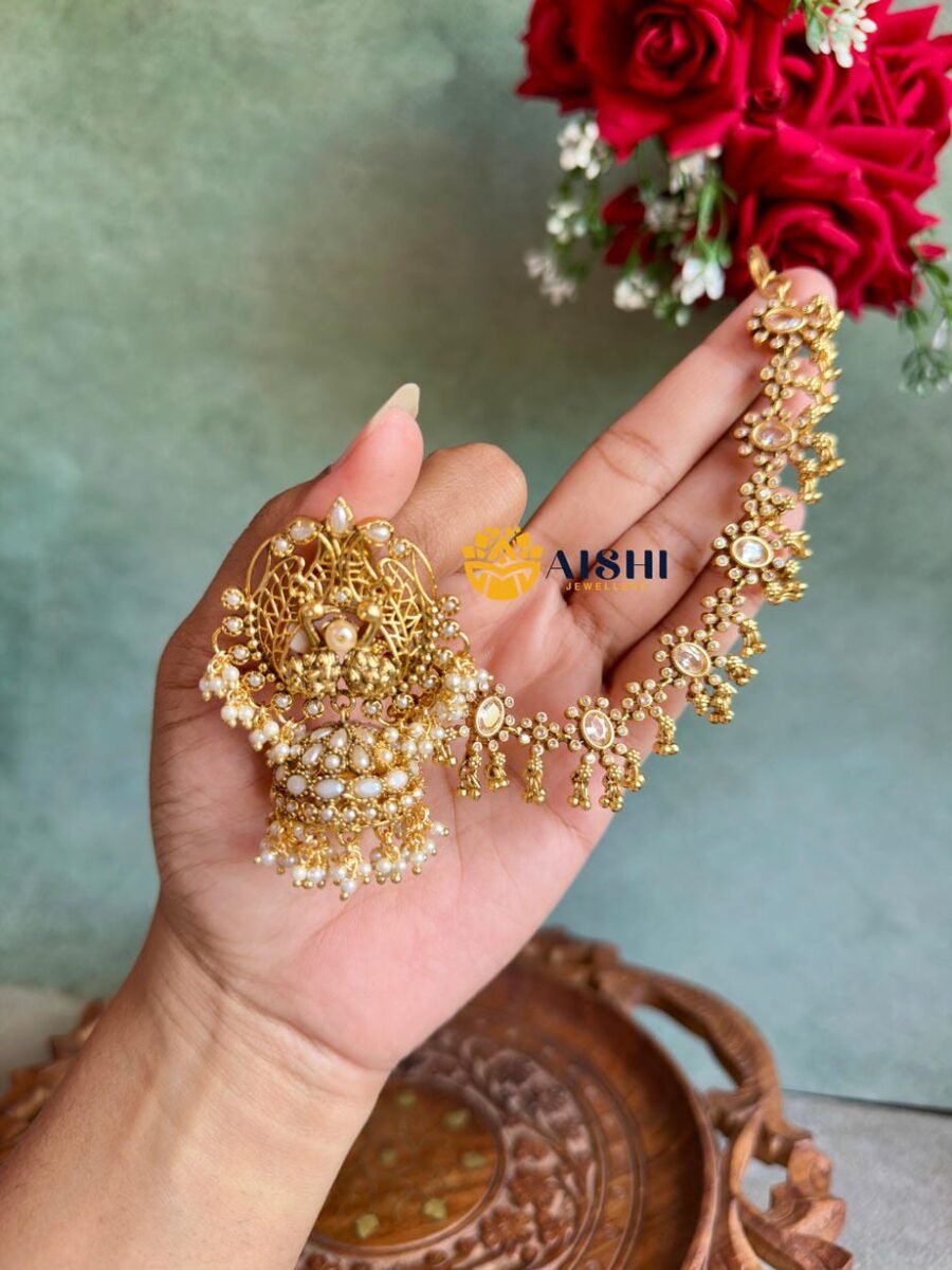 Dual Peacock Earring With Earchain(White)-BS089