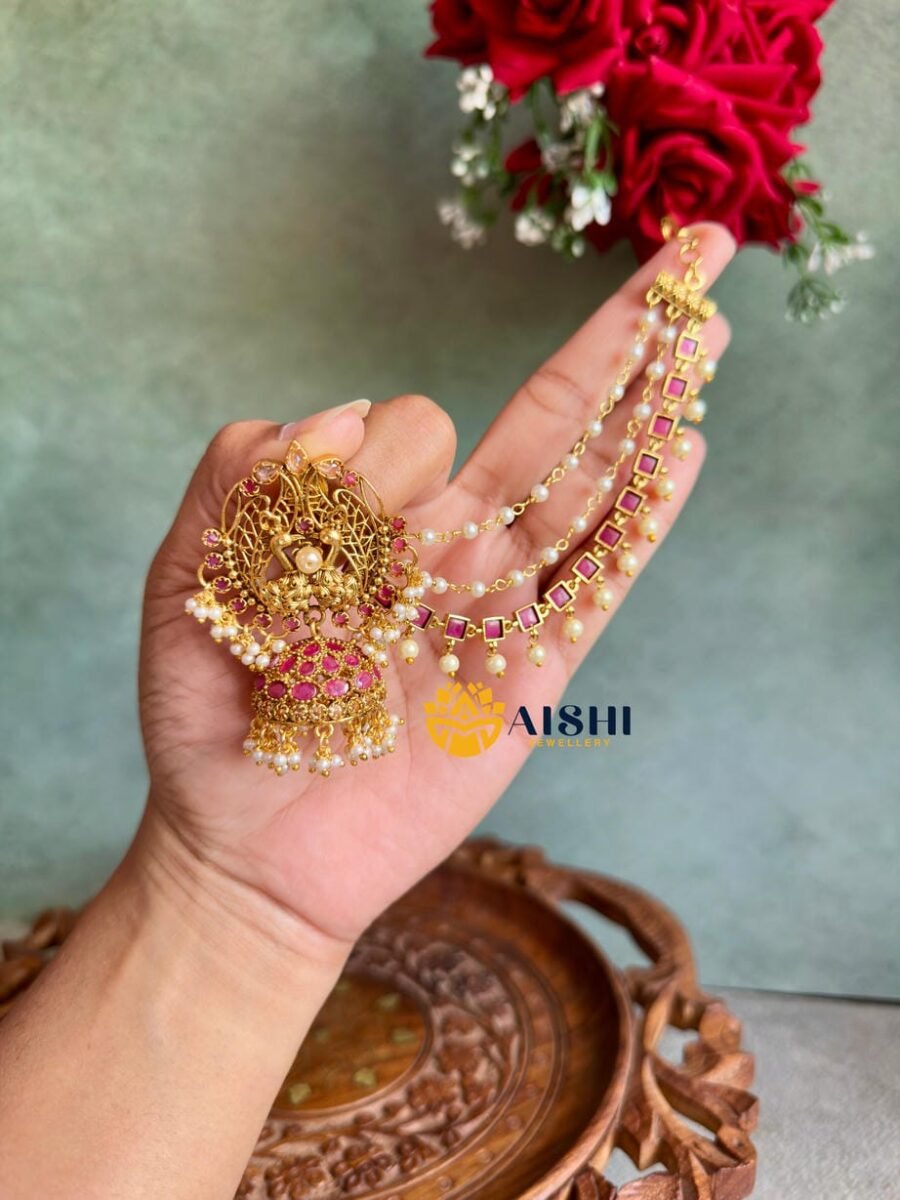 Dual Peacock Earring With Earchain(Ruby)-BS090