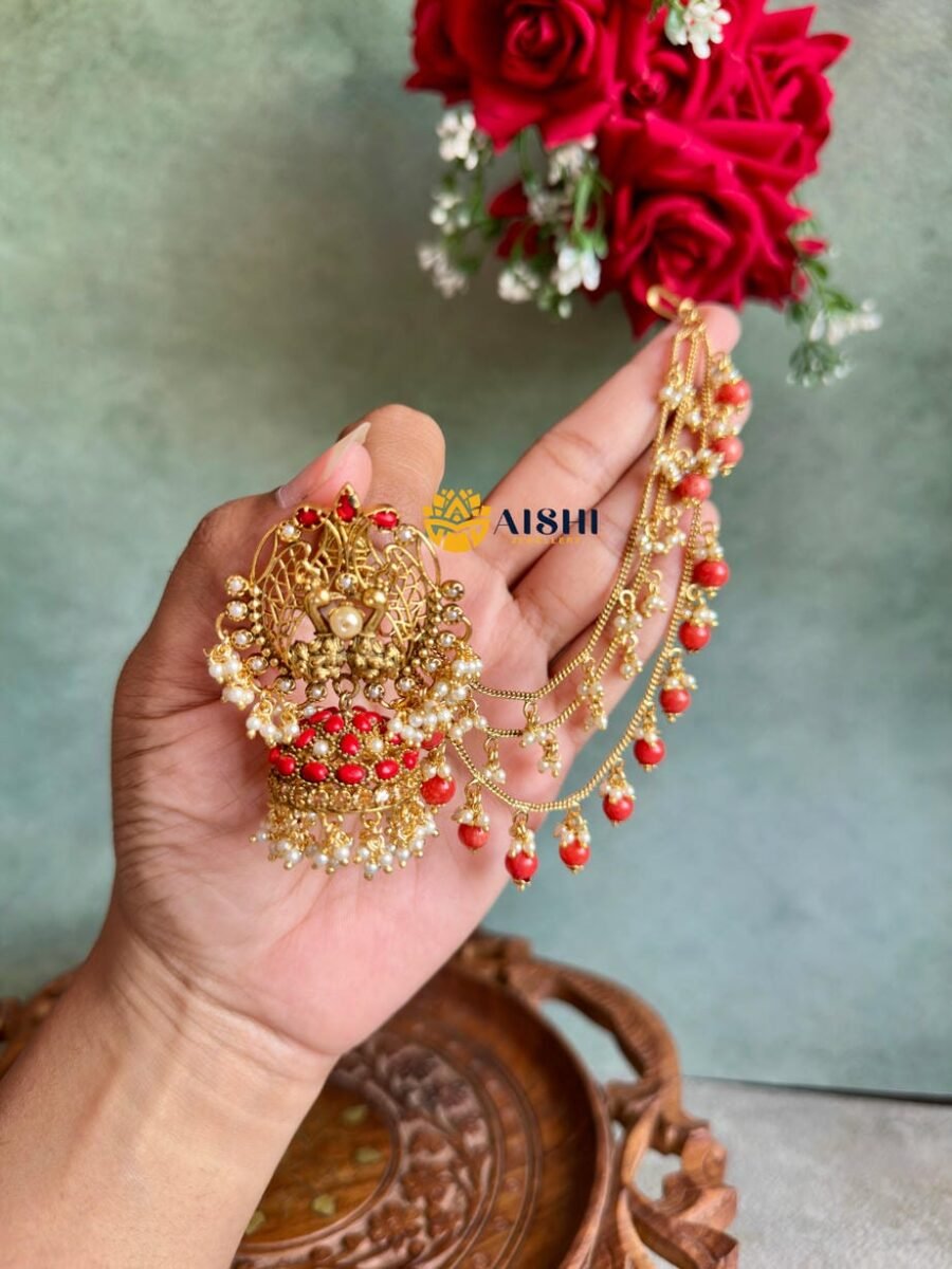 Dual Peacock Earring With Earchain(Coral)-BS091