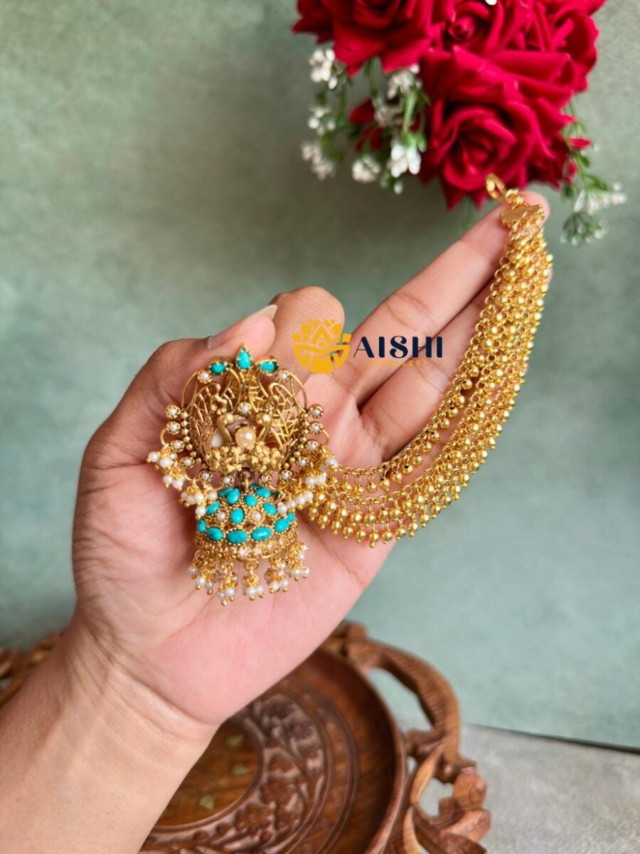 Dual Peacock Earring With Earchain(Sky blue)-BS092