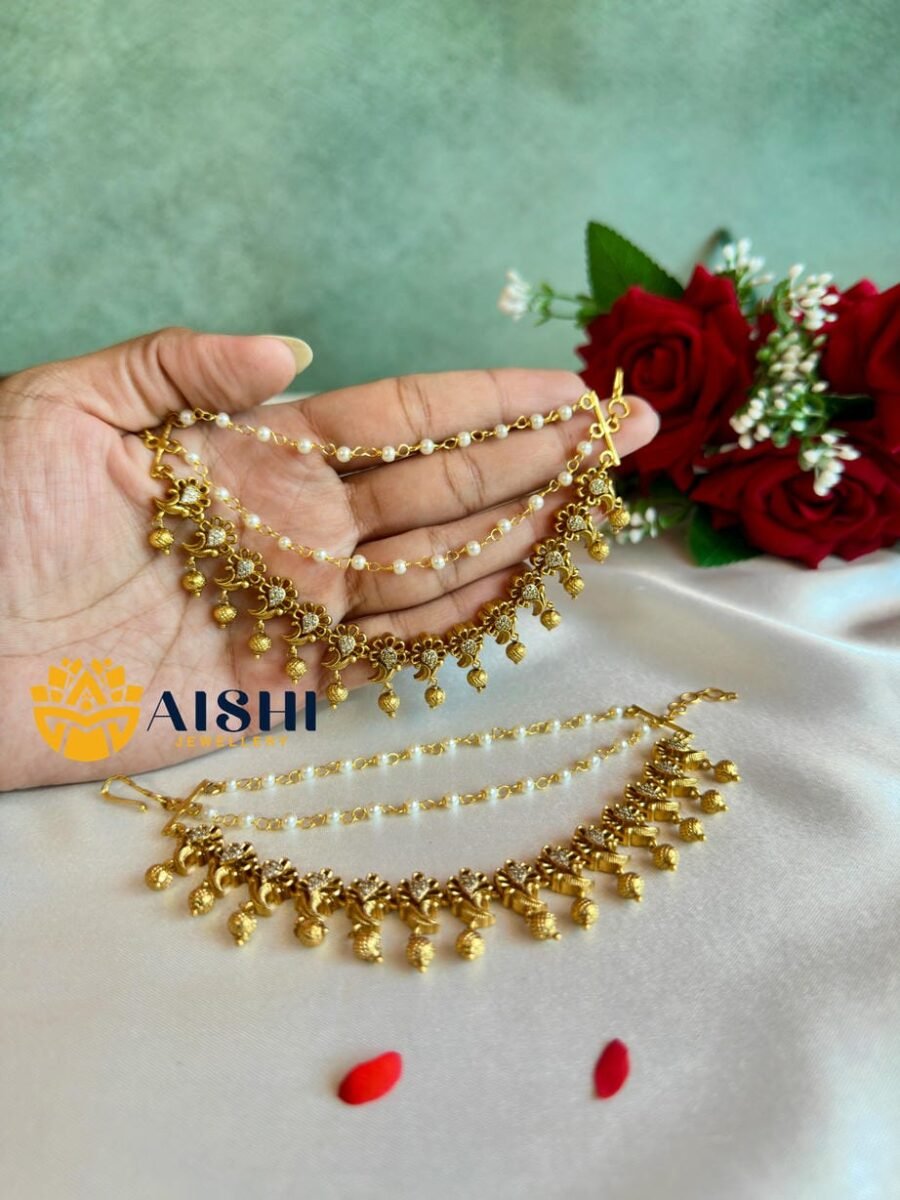 Antique White Beads Floral Earchain-EC149