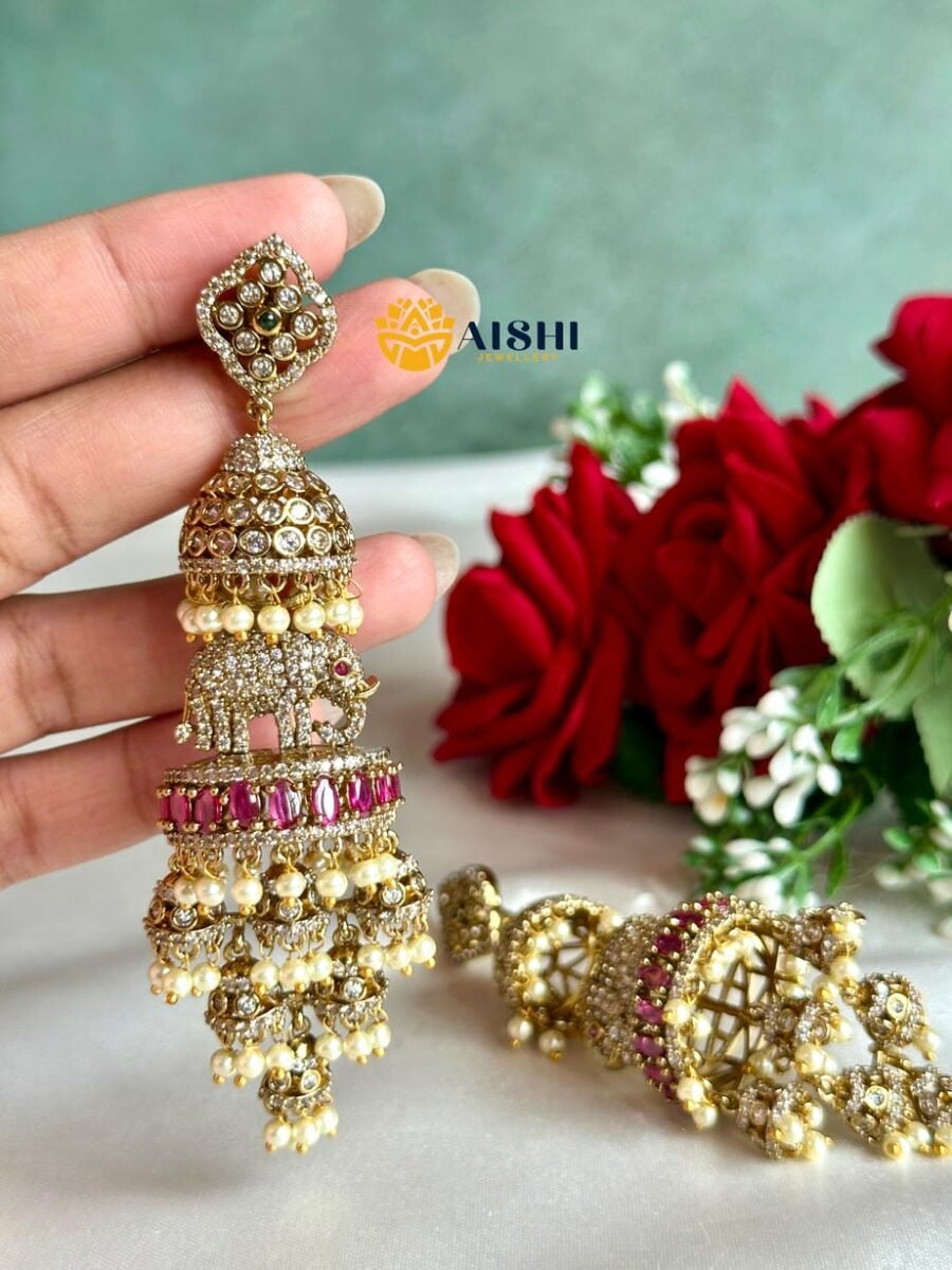 Elephant Layered AD Jhumka with (Pink)-AE147
