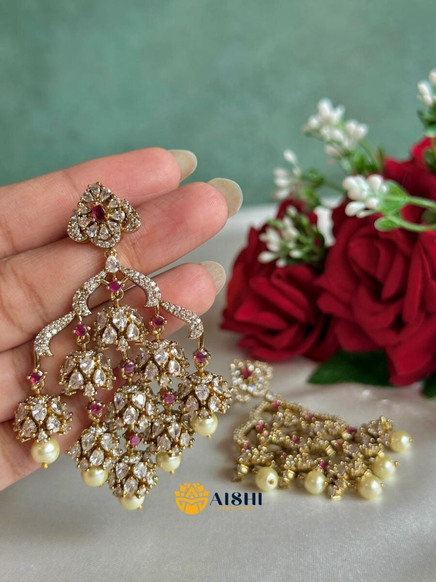 Sparkling Ruby AD Pearl Drops Earring-AE148