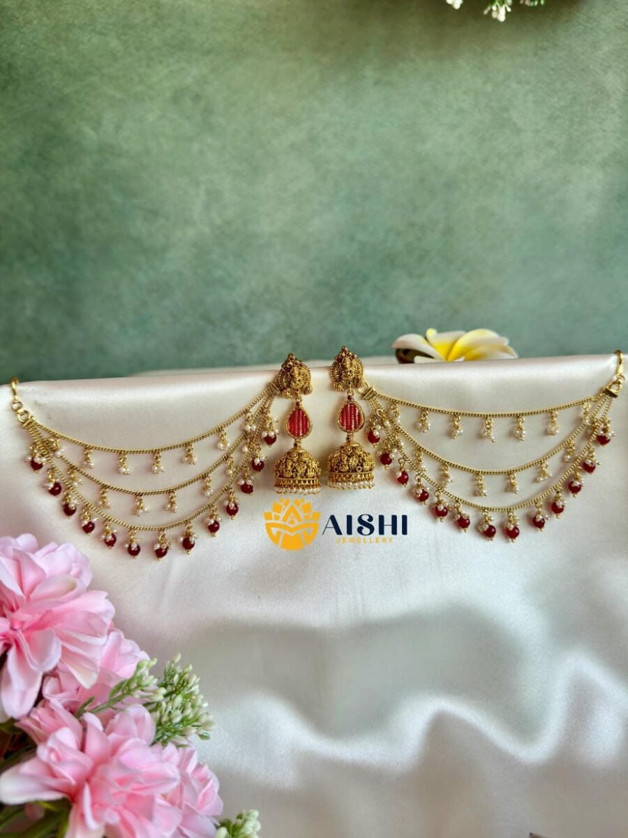 Twilight Nakshi Jhumka With Earchain(Red)-BS111