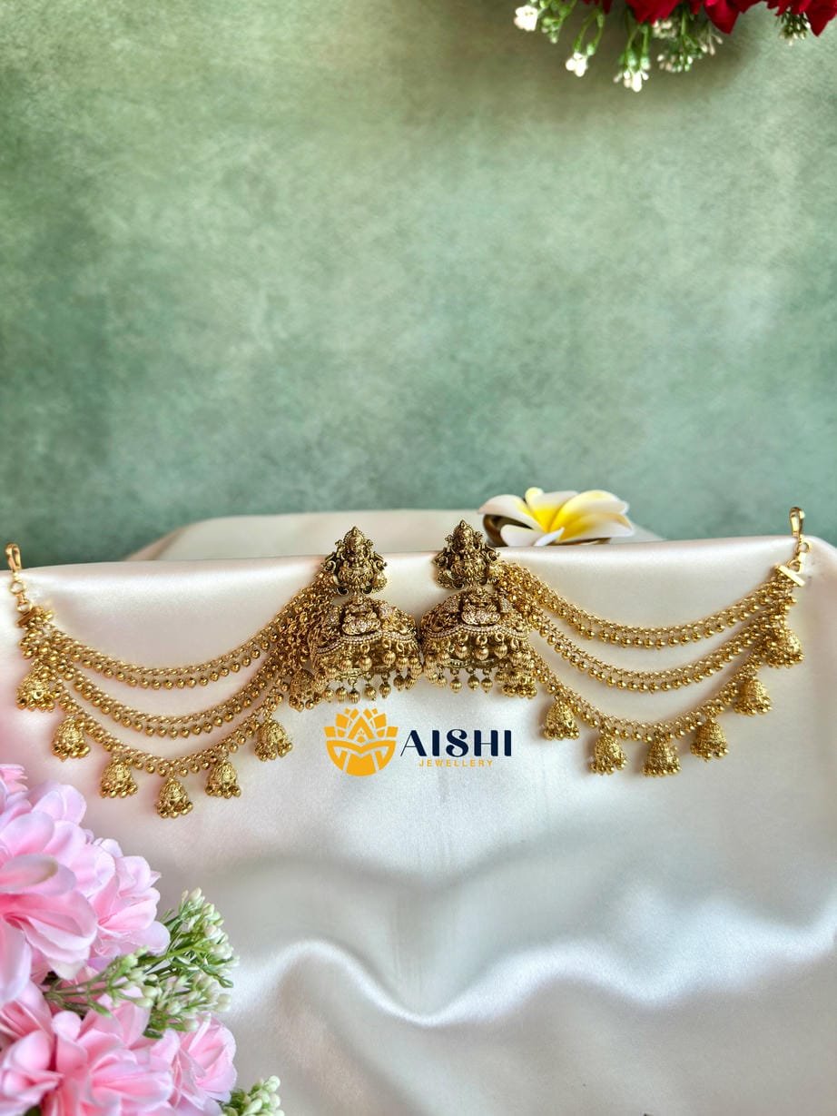 Antique Lakshmi Peacock Jhumka With Earchain-BS113